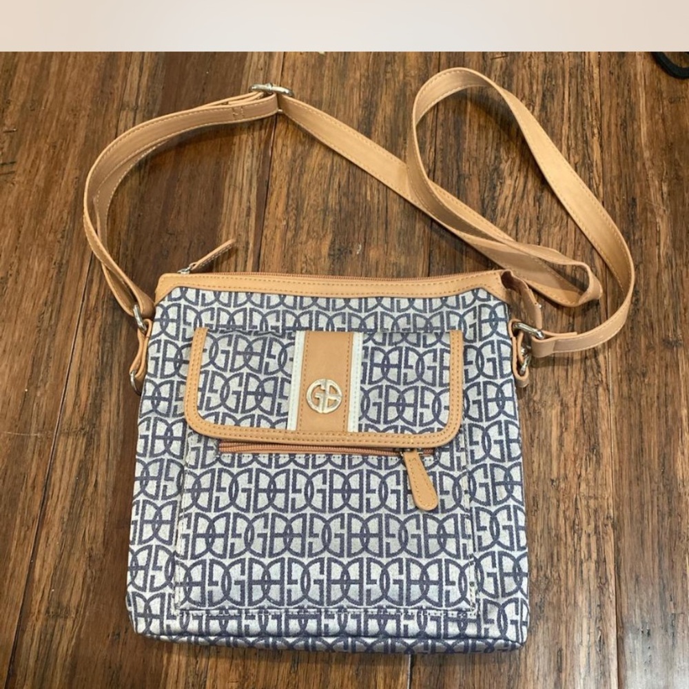 Elegant Tan and Blue Crossbody Bag